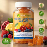 Pot Vital Green Premium Multivitamine Gummies op een sfeervolle oranje achtergrond met iconen en voordelen voor weerstand, botten en energie